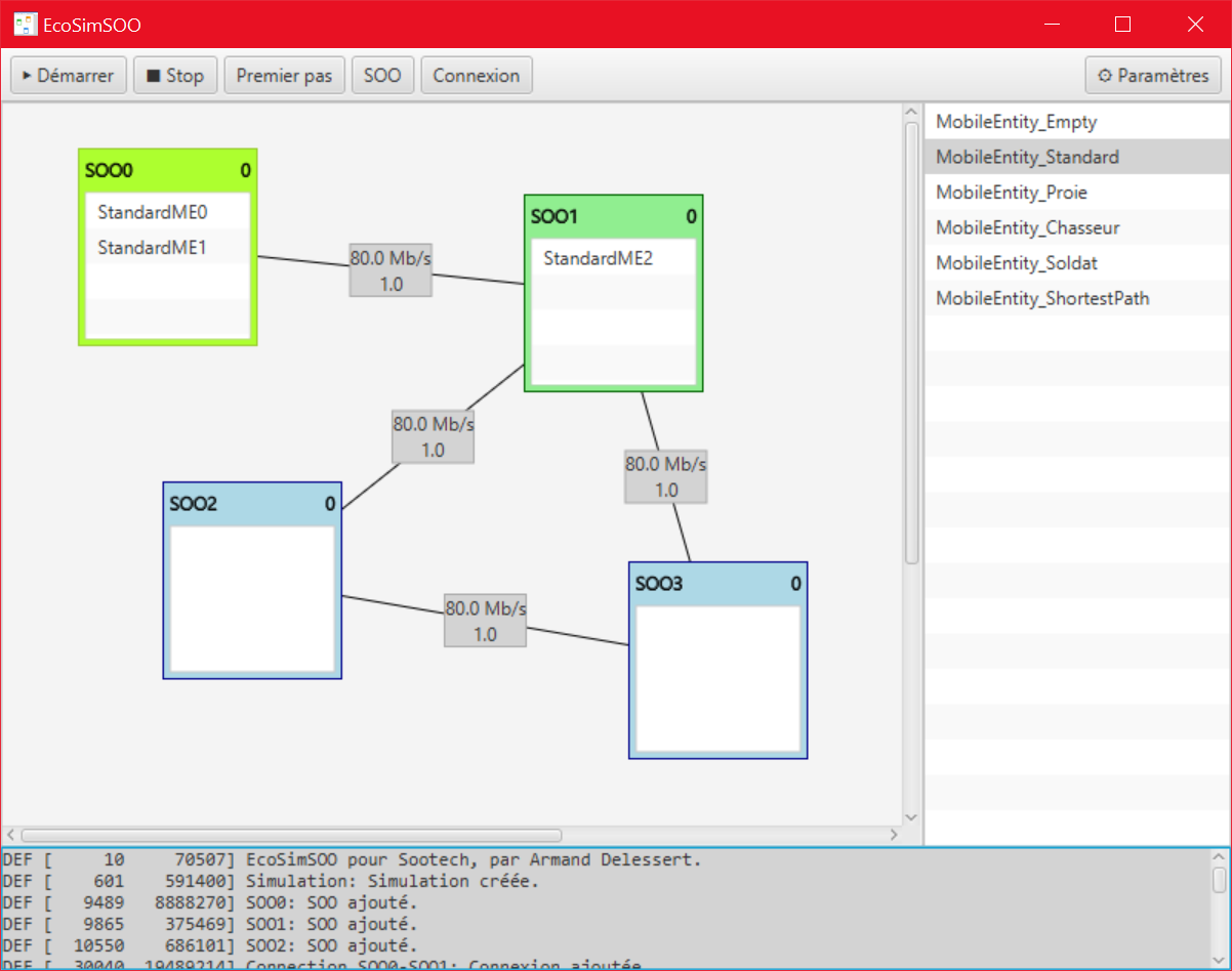 Simulation en cours — 2 MobileEntity de type Standard en propagation sur SOO0 et SOO1