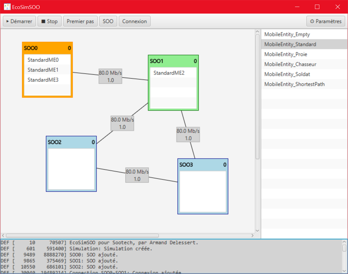 Simulation en cours — MobileEntity distribuées sur plusieurs nœuds SOO
