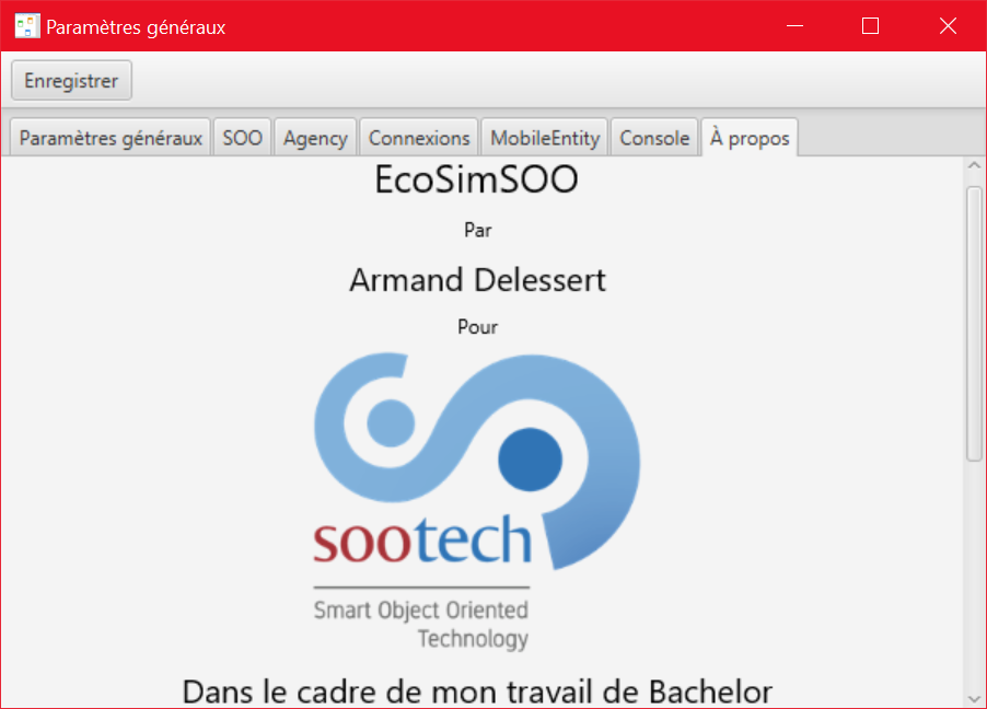 Écran « À propos » d'EcoSimSOO avec le logo Sootech